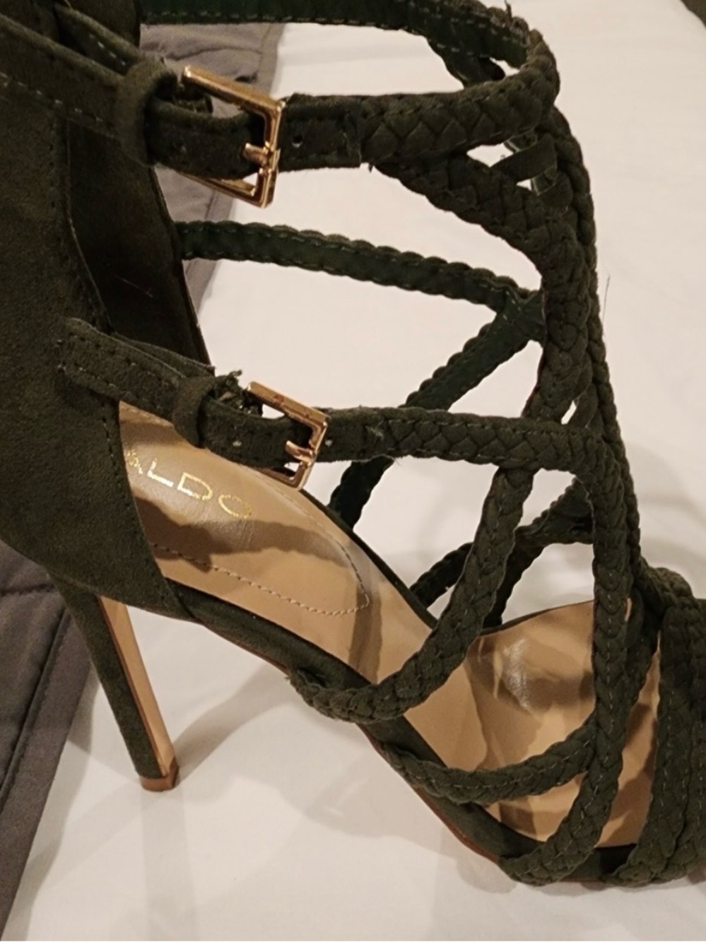 ALDO Olive Braided Strappy High Heel Sandal with Gold Buckles